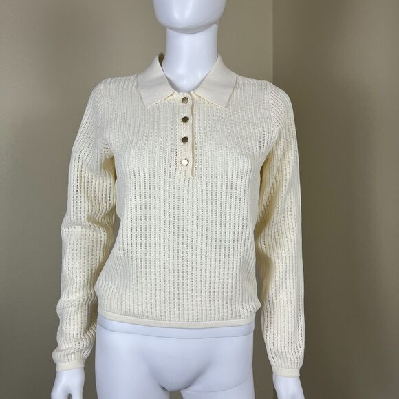 Rag & Bone Women Size M Ivory Vivi Pointelle Knit Polo Sweater Top Minimalist - Picture 3 of 15